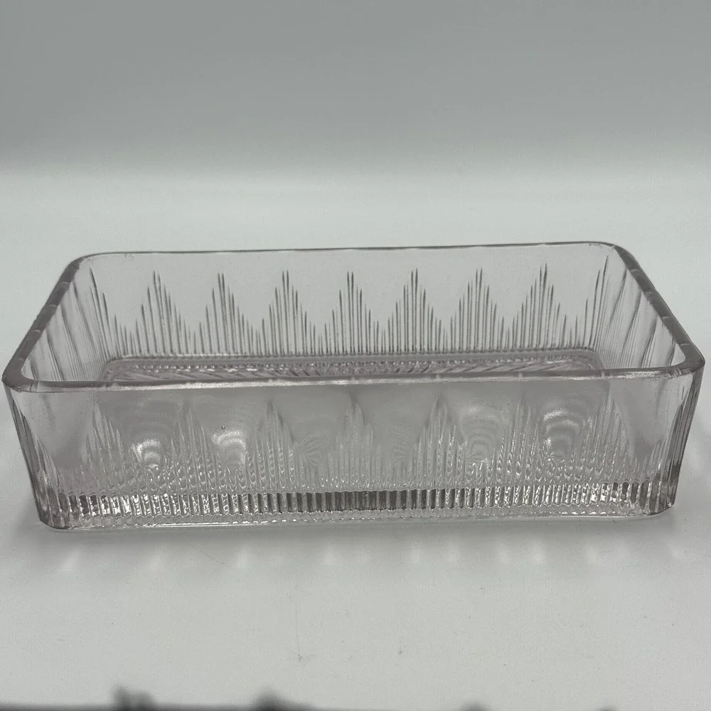 Vtg Purple tinted Pressed Glass Rectangular Refrigerator Dish Starburst Pattern